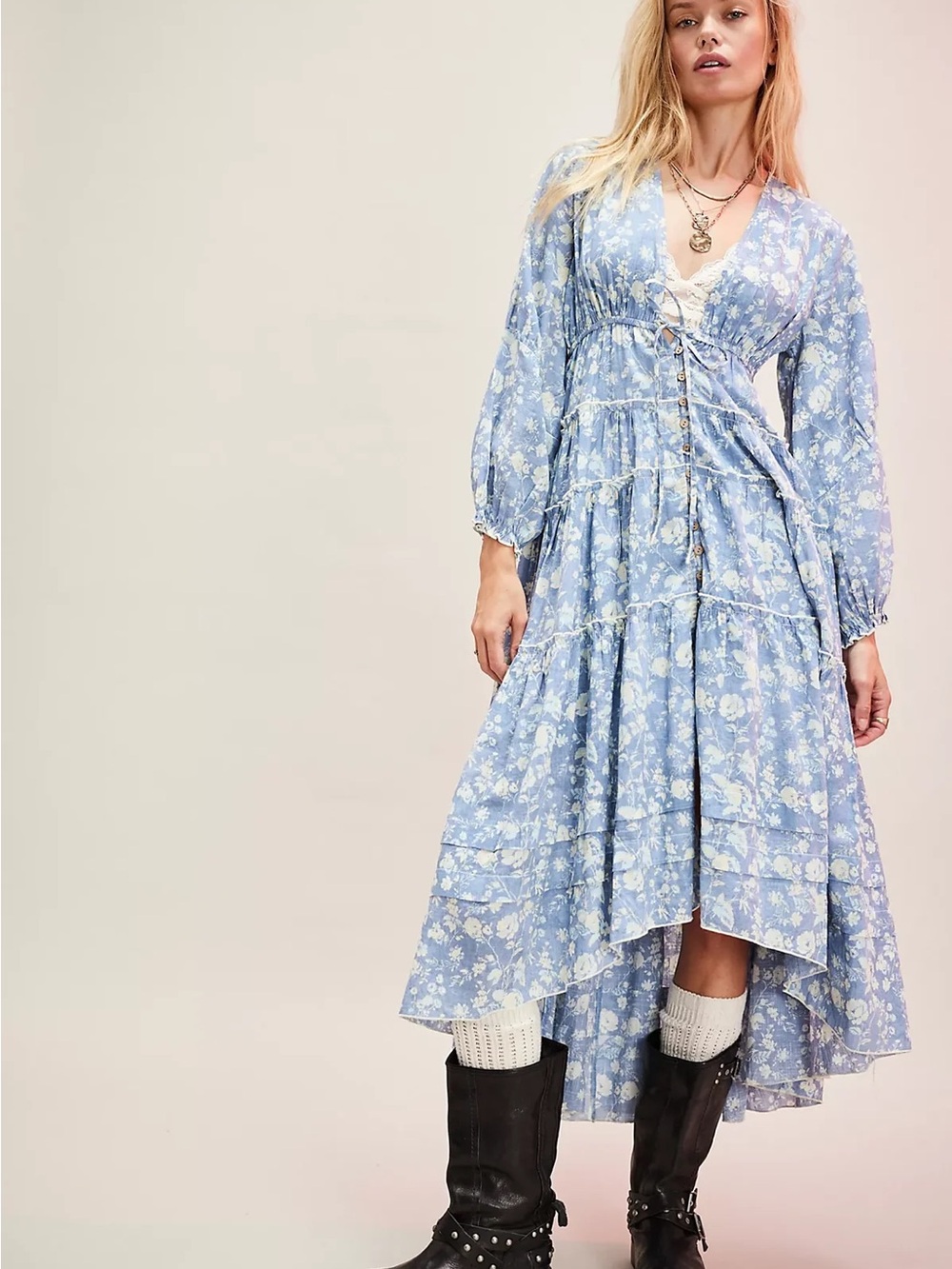 Free People Light Blue Floral Tiered Midi Dress